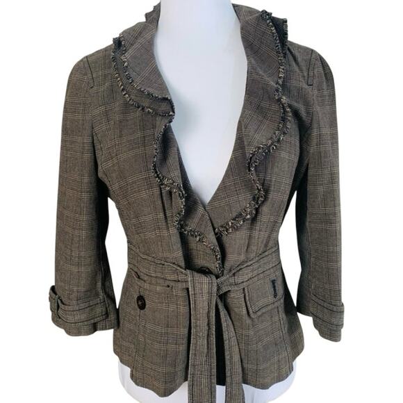Ann Taylor Petites Size 8P Plaid Ruffle Collar Blazer Jacket Brown Academia